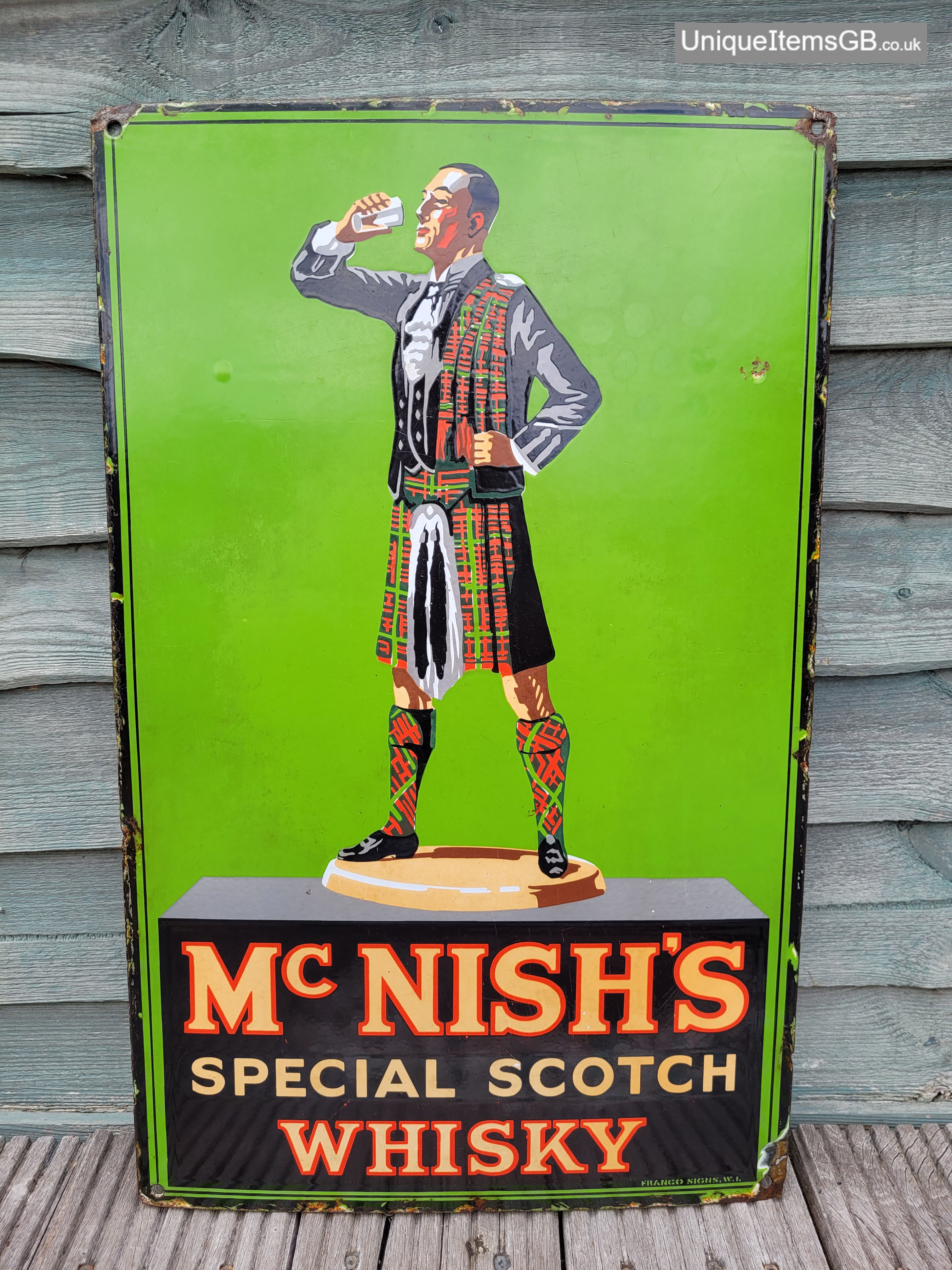 Very rare 1930s Pictorial Mc Nish's Special Scotch Whisky Enamel Sign 24" x 15"