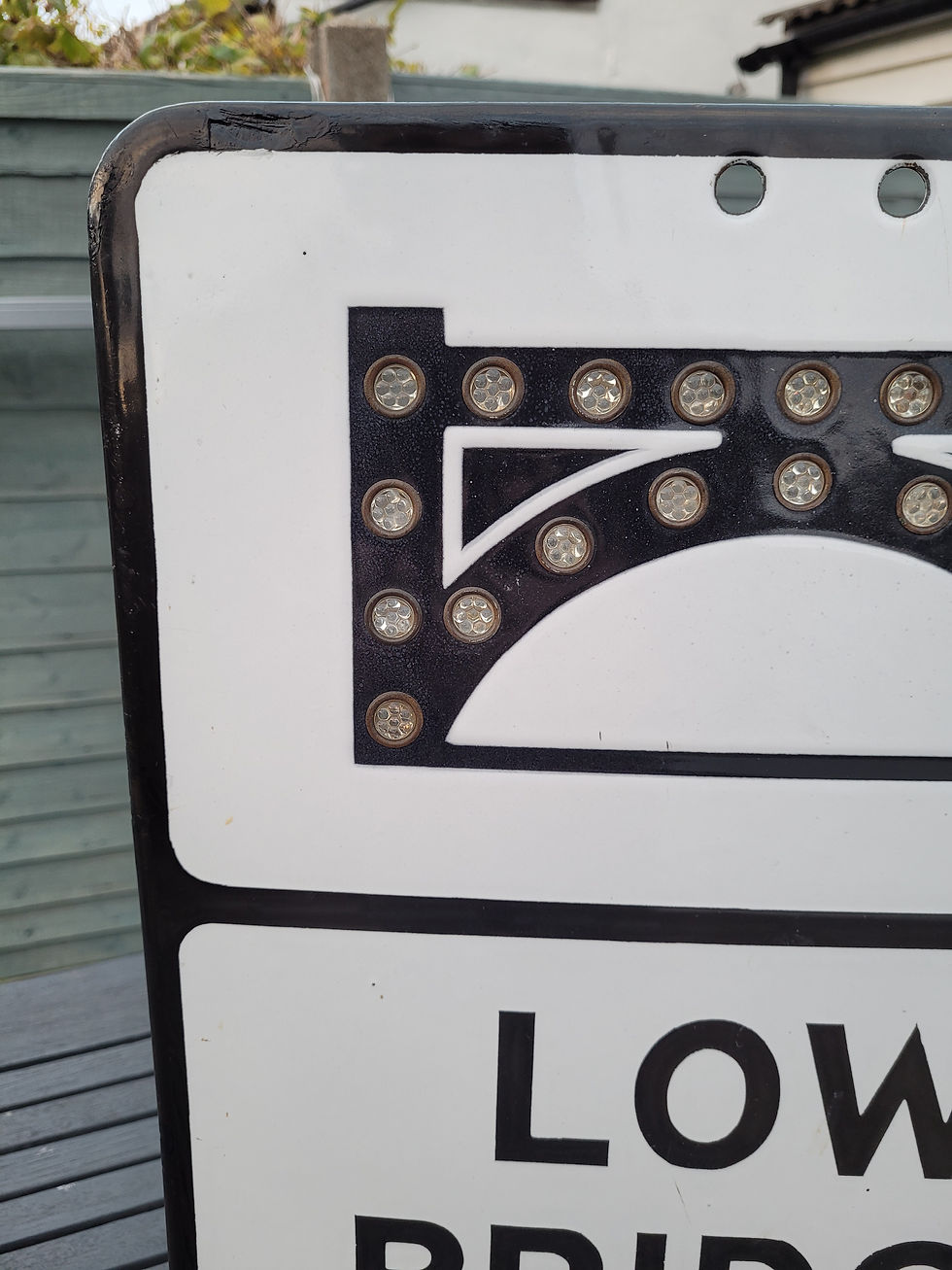Thumbnail: Early Low Bridge Enamel Road Sign with Fruit Gum Reflectors by Gowshall 21"x14"
