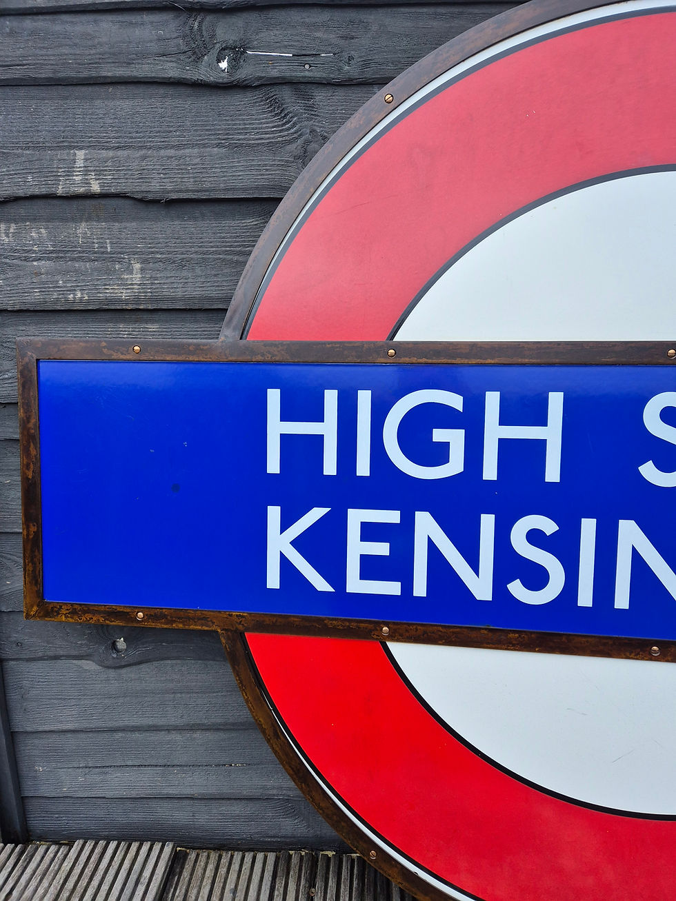 Thumbnail: Early London Underground HIGH STREET KENSINGTON 60" Roundel Enamel Sign Framed