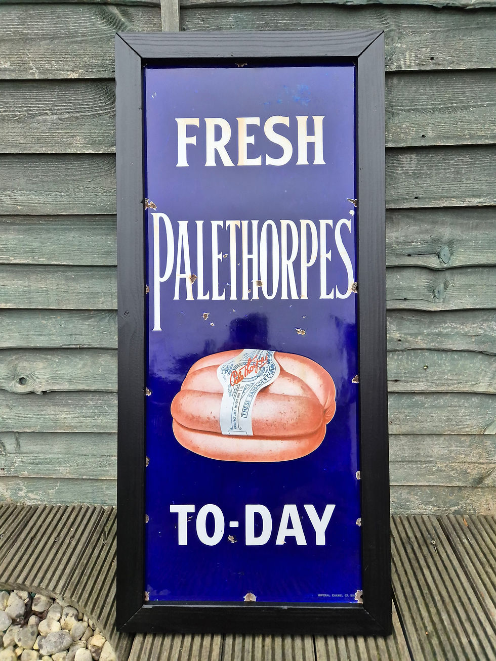 Thumbnail: 1920s PICTORIAL FRESH PALETHORPES Enamel Sign Advertising 36" x 15" FRAMED