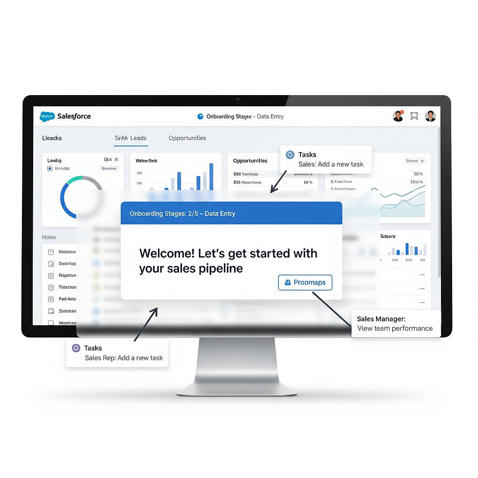 Salesforce dashboard with in-app onboarding tooltip guiding users through sales pipeline data entry and team performance insights.