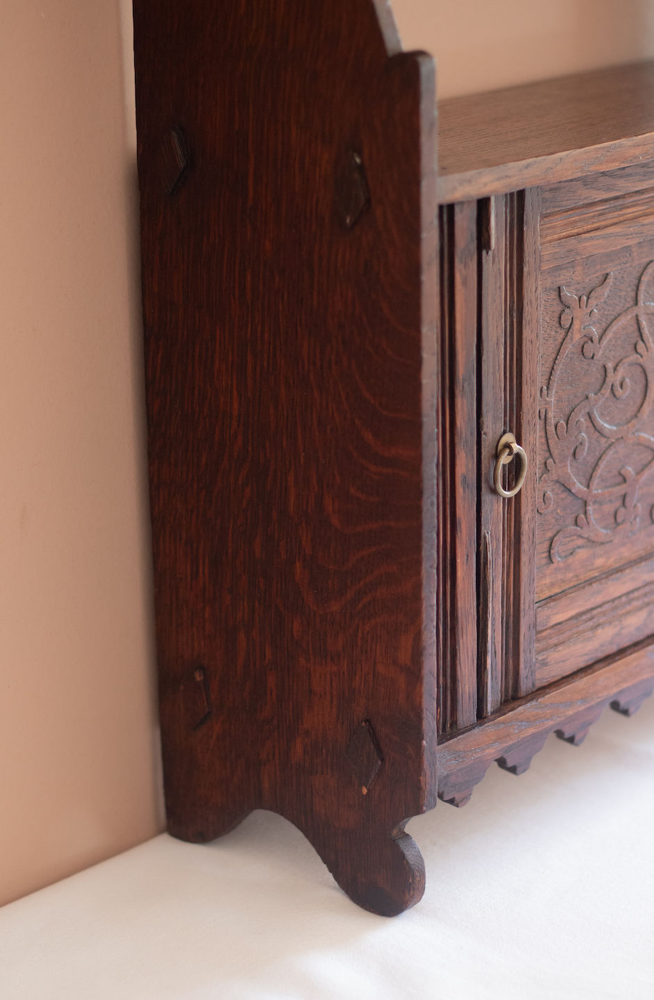 Thumbnail: Antique Carved Oak Wall Hanging Shelf