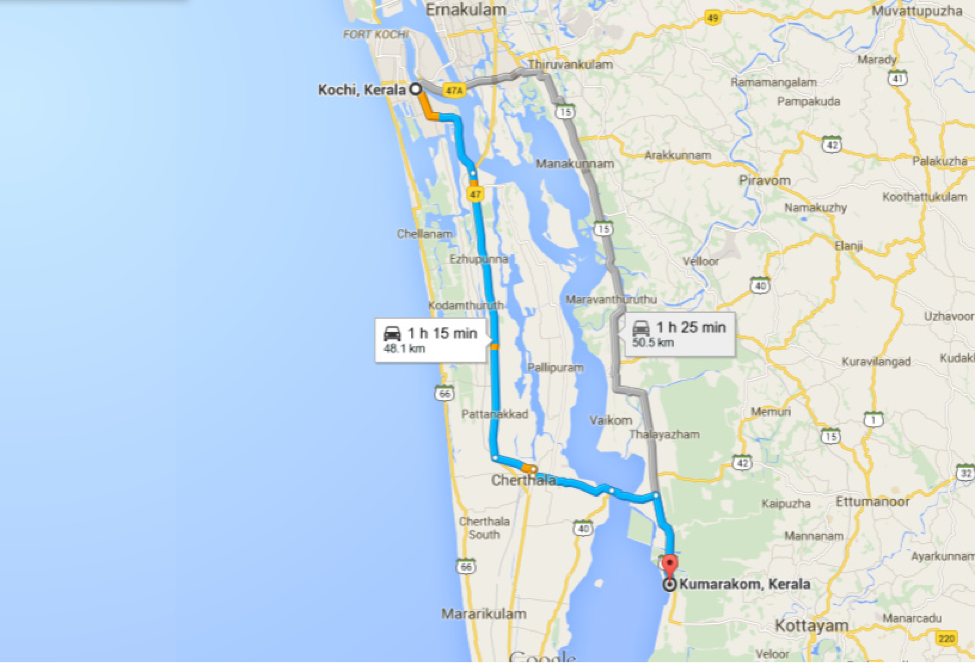Distance from Kochi To Kumarakom