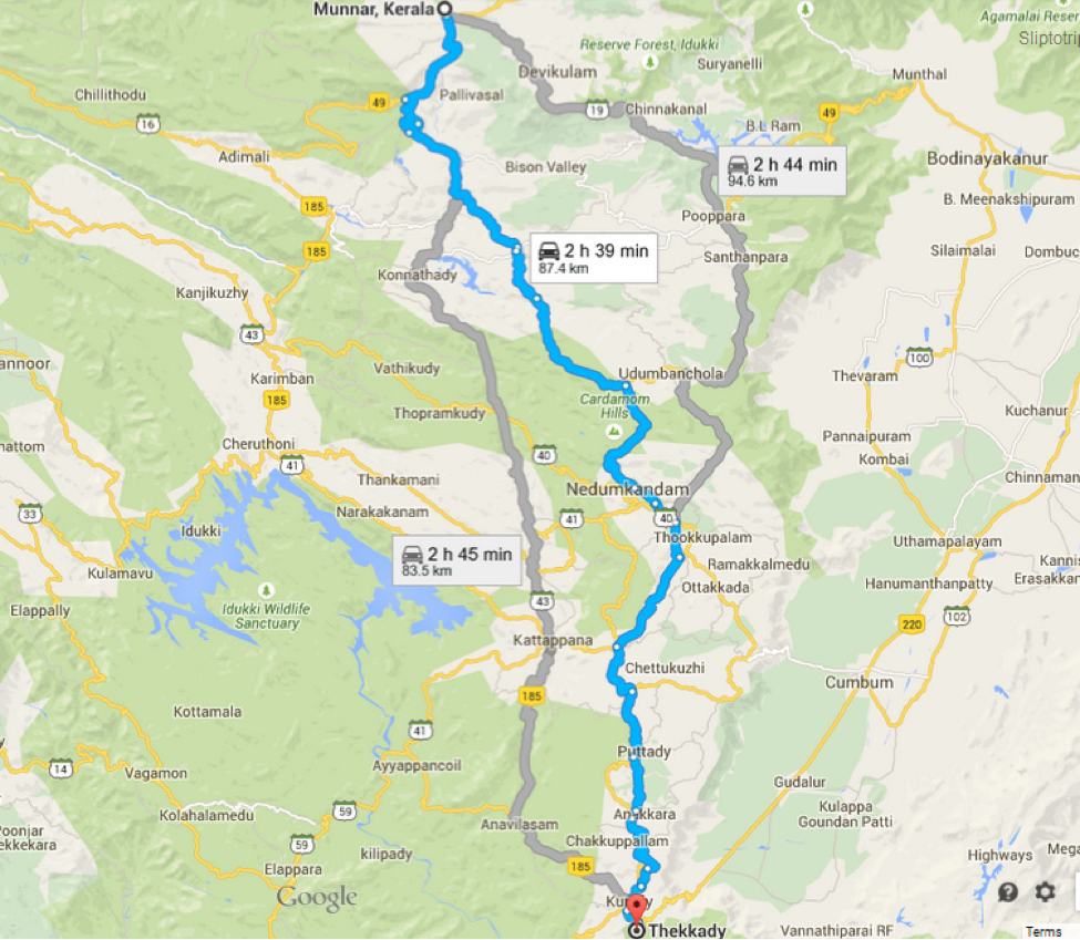 Distance from Munnar to Thekkady