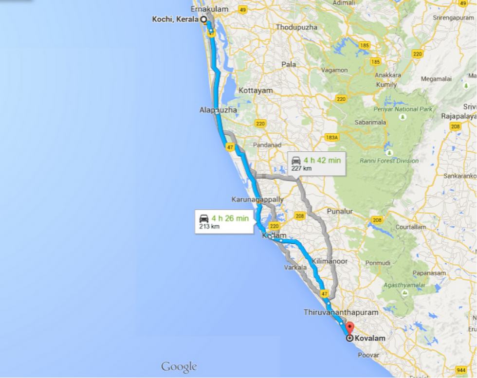 Distance from Kochi to Kovalam