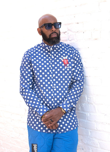 blue white polka dot shirt