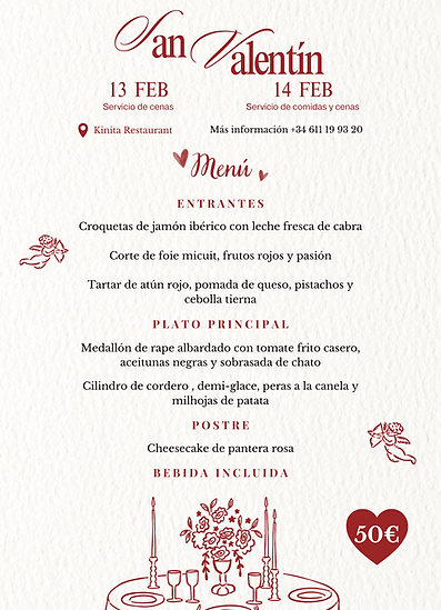 Menú de San Valentín de Kinita Restaurant en Murcia. Menú especial para comer  cenar en San Valentín 2026.