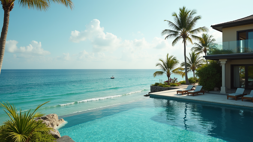 Wide angle view of a luxurious resort overlooking the ocean