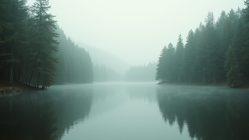 Eye-level view of a serene nature scene with a calm lake and surrounding trees