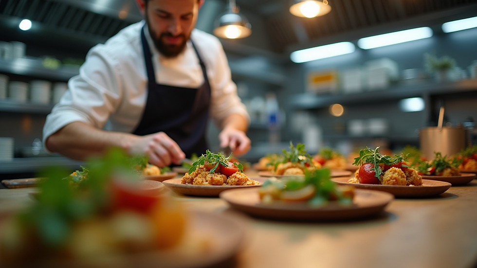 Eye-level view of a chef preparing gourmet dishes