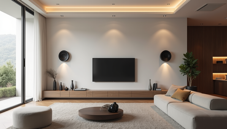 Eye-level view of modern living room with wall-mounted speakers and ceiling speakers