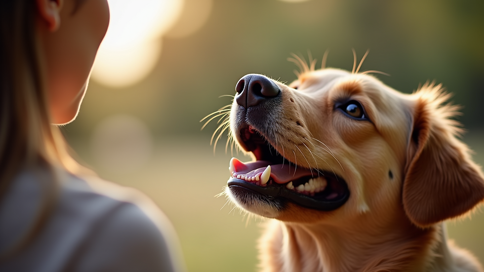 Close-up view of a dog looking up at its owner with a happy expression