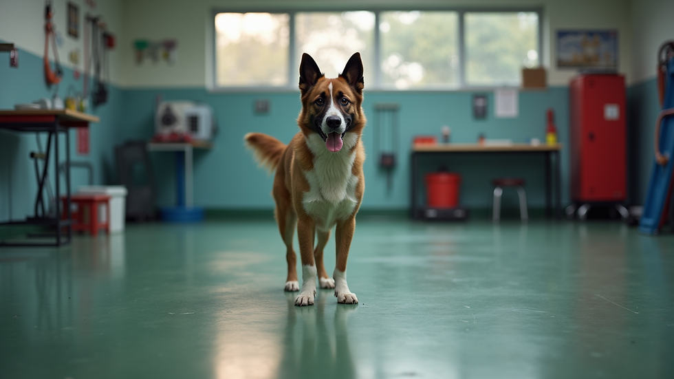 Wide angle view of a dog training facility with various training equipment