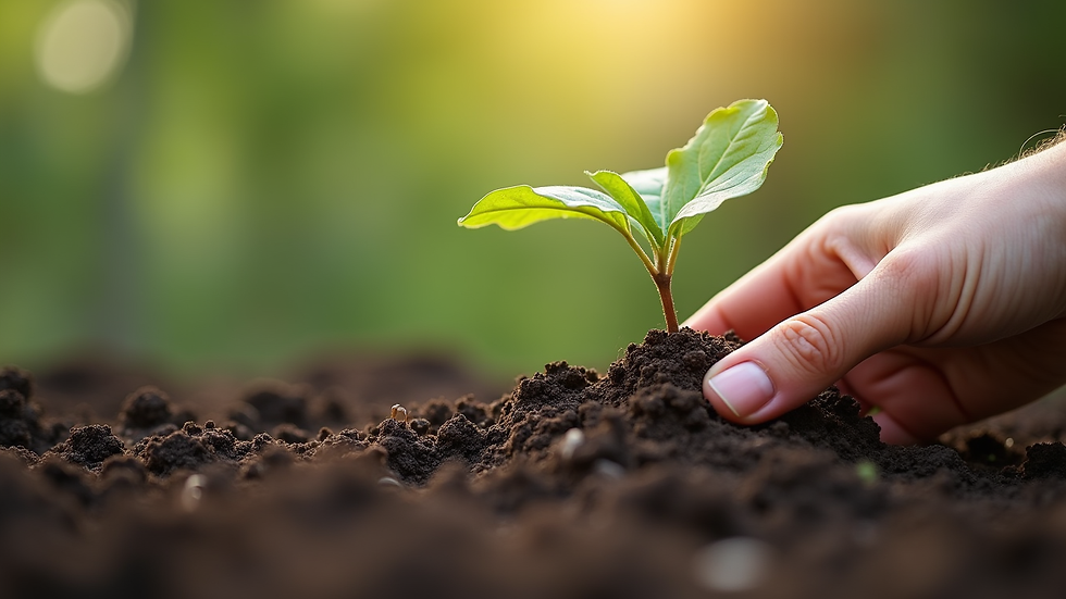 Close-up view of a hand placing a seedling in soil, symbolizing growth and sustainability
