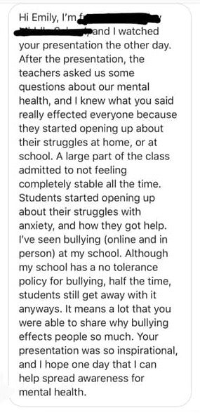 Message from student describing positive impact Emily made.