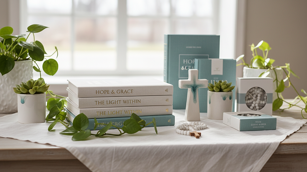 Close-up view of a display table with Christian gifts and books