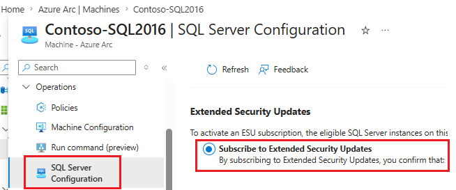 Subscribing an instance to SQL Server 2016 Extended Security Updates in the Azure Arc portal