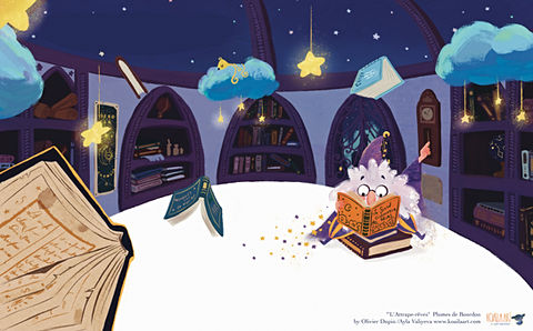 Dream-catcher, L'Attrape-rêve, kidlit, illustration, children's book, character design, illustrator, illustrateur, album jeunesse, picture book, painting, artist, whimsical, magic, library, stars, night light 
