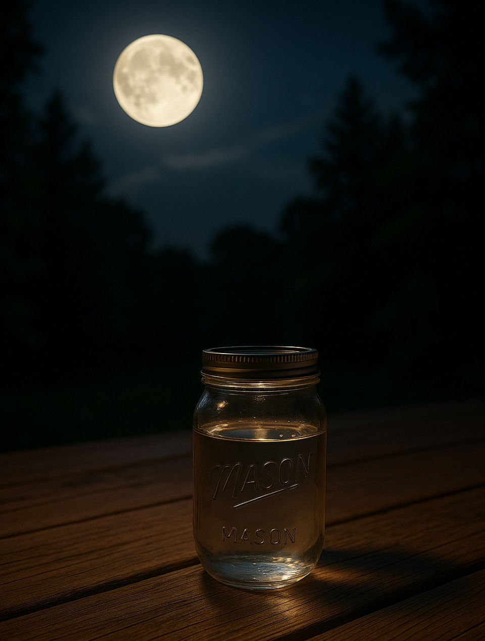 A mason jar filled with water placed out overnight with the moon to turn into moon water