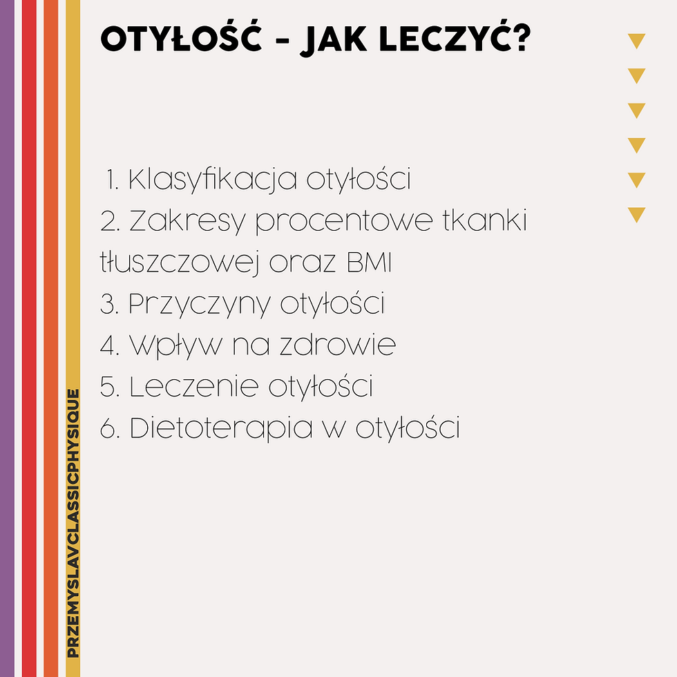 Klasyfikacja otyłości Zakresy procentowe tkanki tłuszczowej oraz BMI Przyczyny otyłości Wpływ na zdrowie Leczenie otyłości Dietoterapia w otyłości
