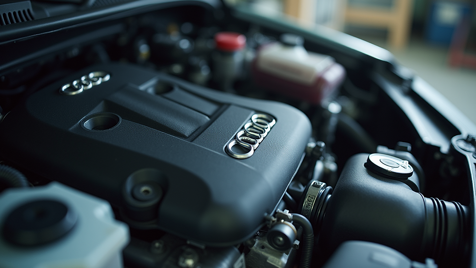 Close-up view of an Audi engine being serviced by a technician