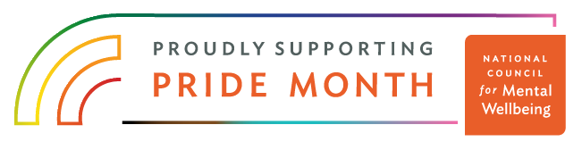 Banner graphic reading “Proudly Supporting Pride Month” with rainbow-colored curved lines on the left and National Council for Mental Wellbeing branding on the right. The design uses a clean white background with multicolored accents inspired by the Pride flag.