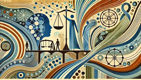 An abstract illustration featuring flowing lines and symbolic imagery representing justice, equity, and inclusion. The artwork includes a human silhouette, a balanced scale of justice, people on a bridge, accessibility icons, scientific and educational symbols, and interconnected patterns. The color palette is warm and earthy with shades of blue, orange, and beige, conveying a sense of movement and collective progress.