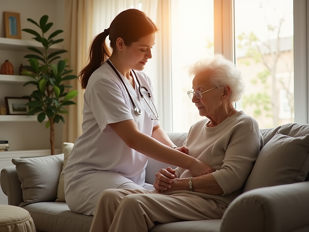 A-kind-professional-caregiver-gently-assisting-an-elderly-patient-with-wound-dressing-in-a