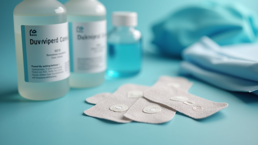 Eye-level view of wound care supplies including bandages and antiseptic solutions