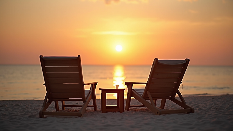 Eye-level view of a serene beach sunset with two cozy lounge chairs
