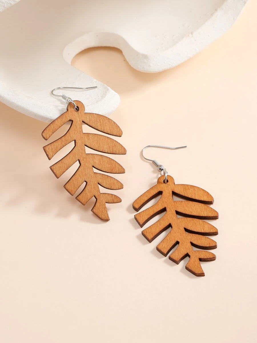 Thumbnail: Wooden Leaf Drop Earrings