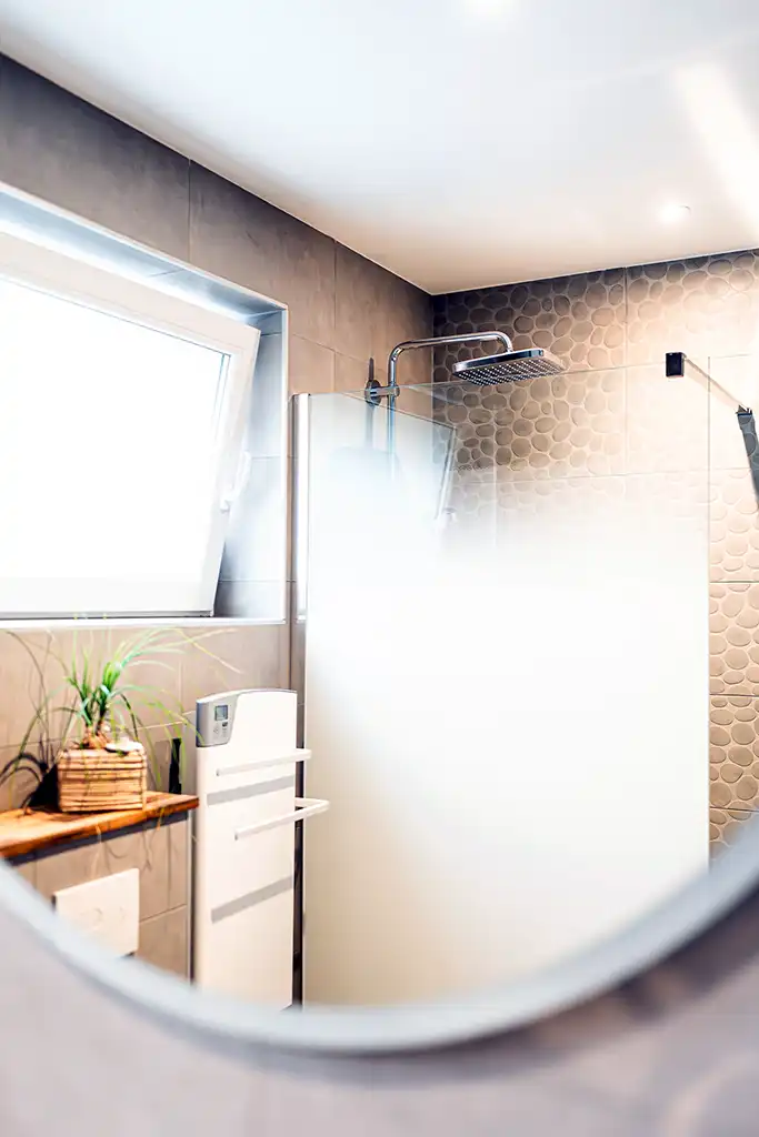 Photo immobilière montrant une douche a travers un miroir