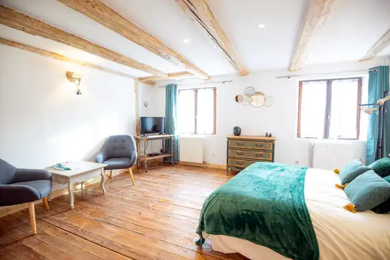 Photo immobilier montrant une grand pièce avec une table basse, 2 chaises grises, une télé et un grand lit