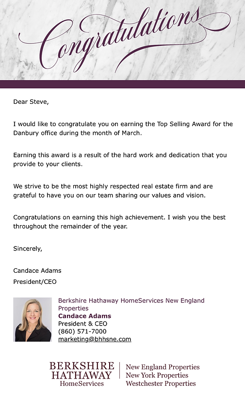 Congratulations Letter to Steve for Top Selling Agent