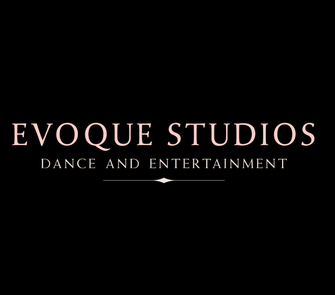 Evoque Logo. Black background, white text in big letters "Evoque Studios", small text "dance and entertainment".