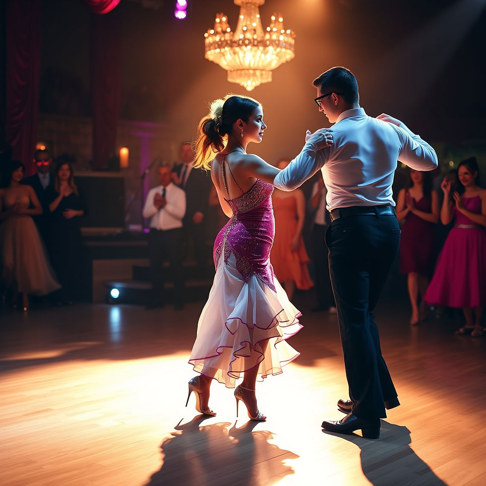 Couple ballroom dancing at an elegant event, looking at each other.
