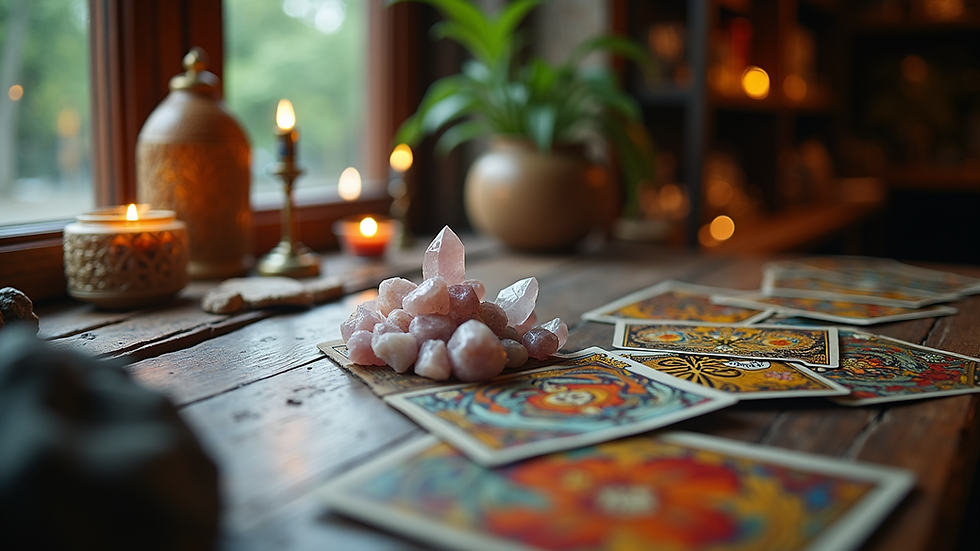Close-up view of a spiritual shop with crystals and tarot cards