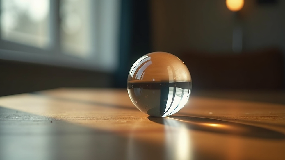 Eye-level view of a crystal ball on a wooden table