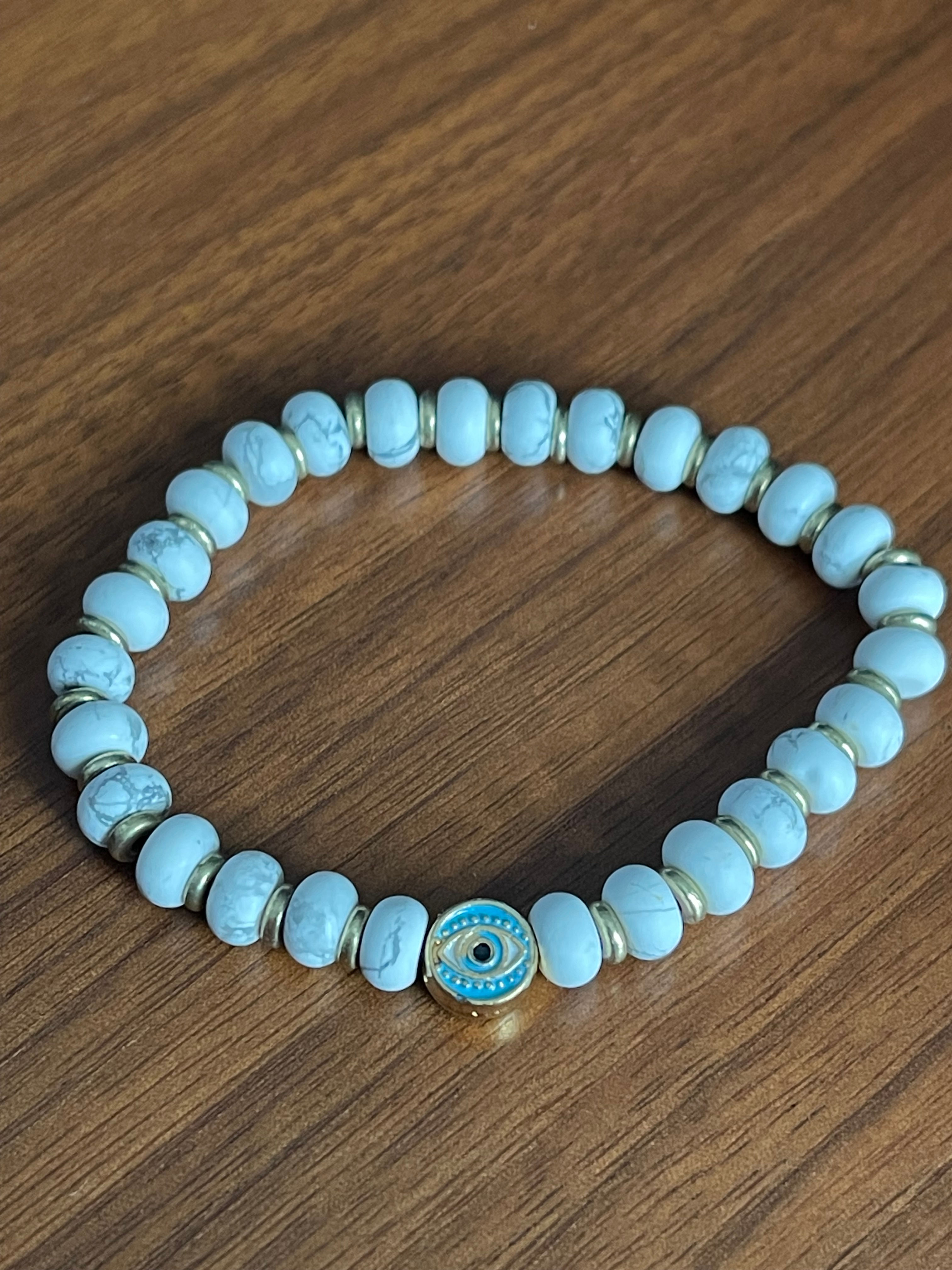 Howlite & Brass Heishi with Evil Eye Stretch Bracelet