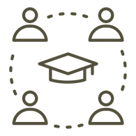 A circle connecting four students with a graduation cap in the center