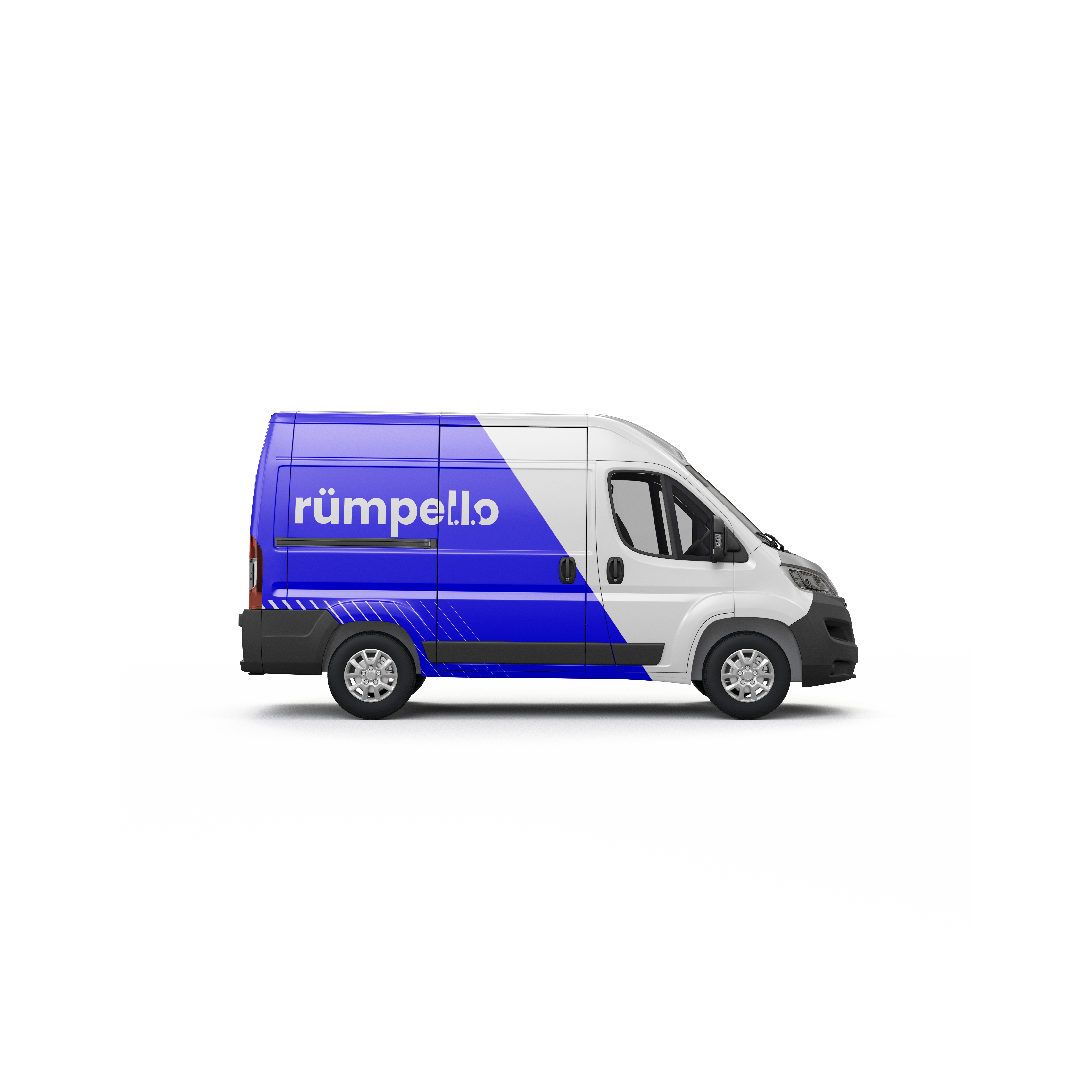 Seitenansicht eines Rümpello-Transporters mit Firmenlogo, bereit für eine Entrümpelung.