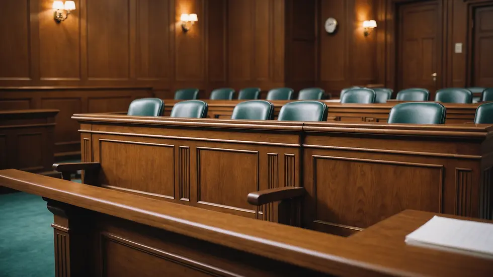 Eye-level view of an empty courtroom bench