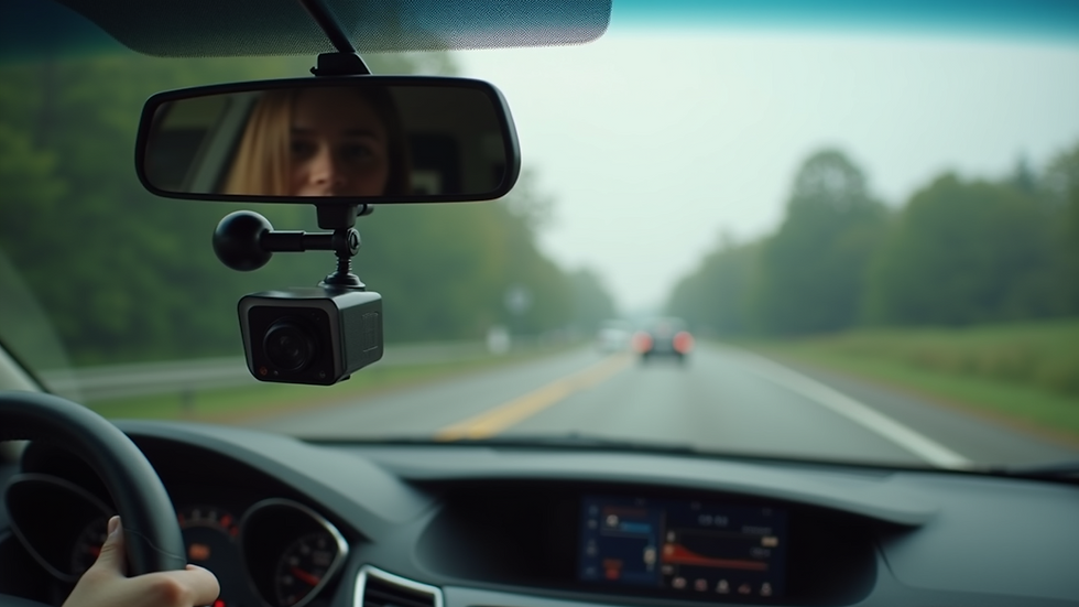 High angle view of a dash cam mounted on a car windshield