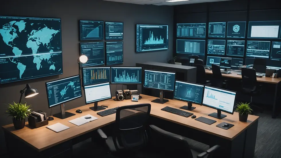 High angle view of a small business office with cybersecurity measures displayed