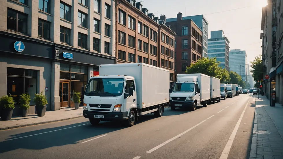 Wide angle view of a city street with parked commercial vehicles