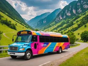 A vibrant party bus awaiting passengers on a sunny day.
