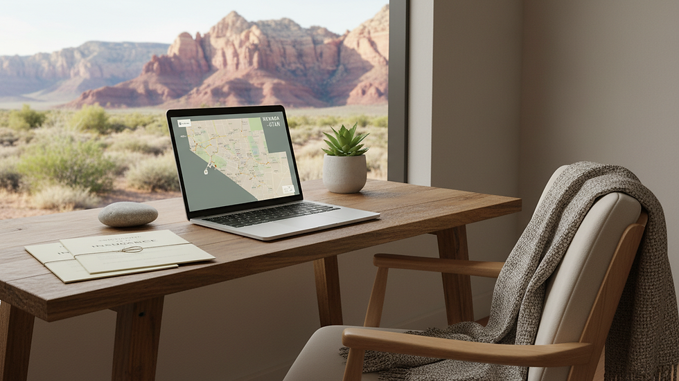 Eye-level view of a home office setup with a laptop and insurance documents