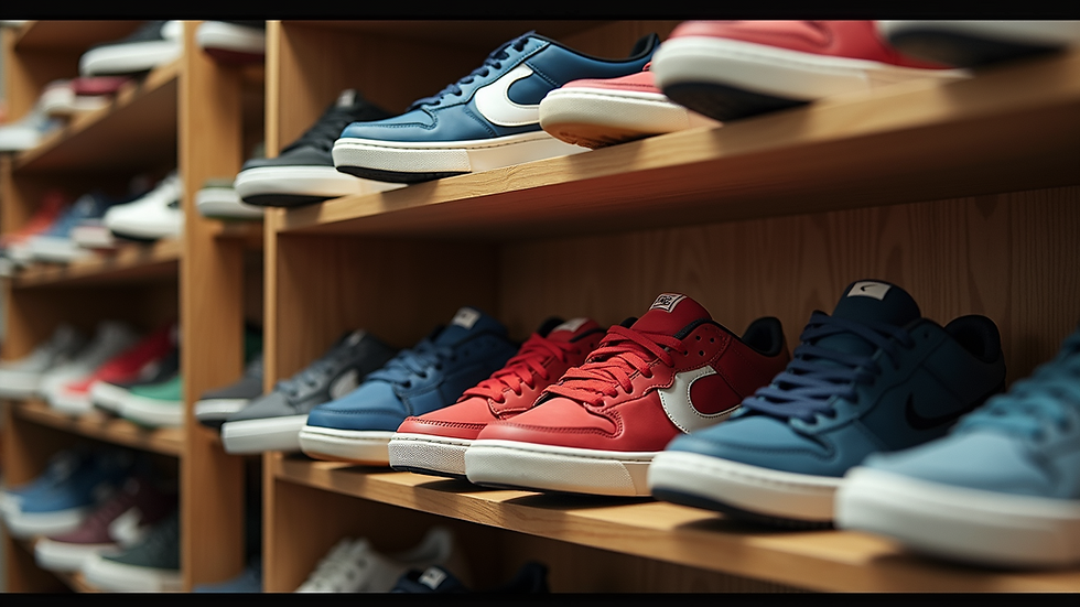 Close-up view of a vintage sneaker collection displayed on a shelf