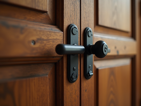 A close-up view of a wooden door showcasing robust security features