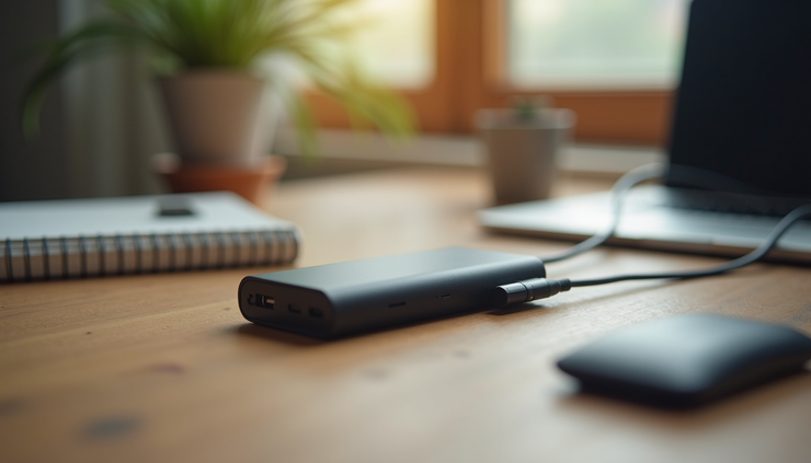 Eye-level view of a power bank charging safely on a wooden desk